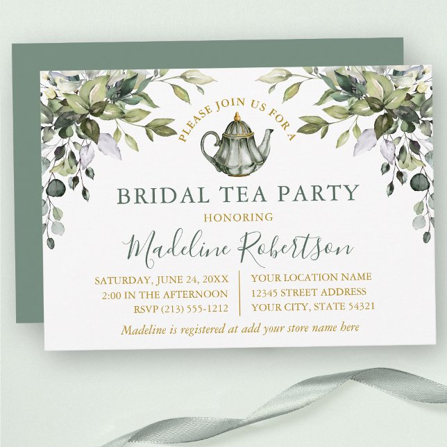 Watercolor Greenery Bridal Tea Party Sage Green Invitation (Customize to change text color, text style or color of back of card.)