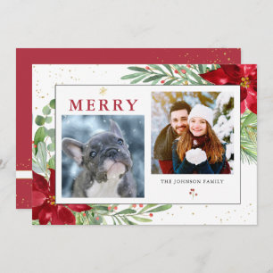 Watercolor Greenery Burgundy + Gold Holiday Card