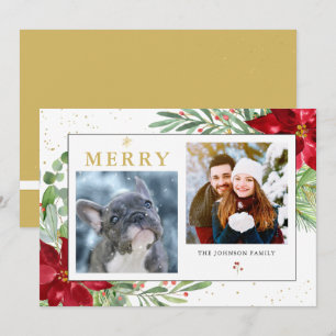 Watercolor Greenery Burgundy + Gold  Holiday Card