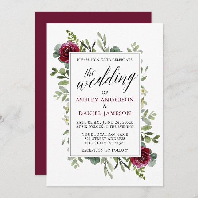 Watercolor Greenery Burgundy Roses Wedding Invitation (Front/Back)