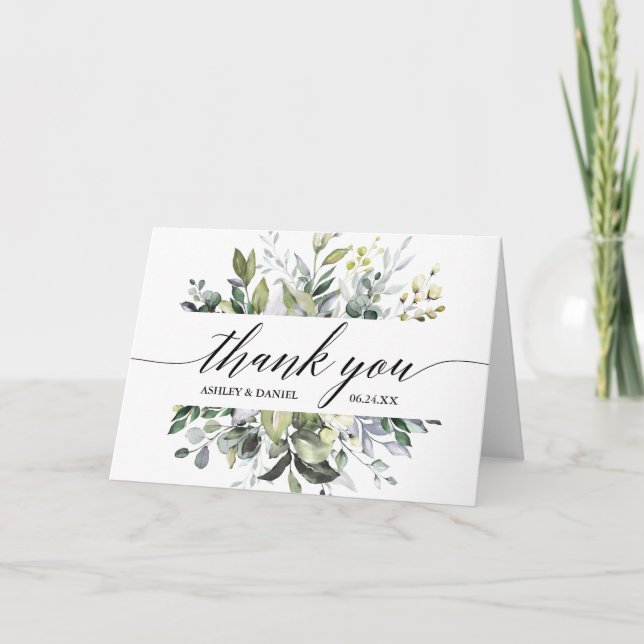 Watercolor Greenery Calligraphy Folded Wedding Thank You Card (Front)