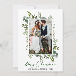 Watercolor Greenery Calligraphy Green Ink Wedding Holiday Card