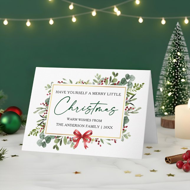 Watercolor Greenery Calligraphy Ink Red Bow Fold Holiday Card (Customize to add text to inside of card.)