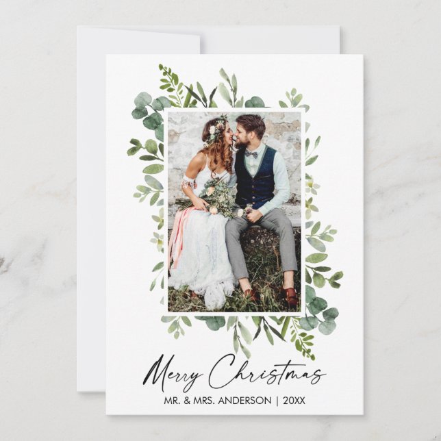 Watercolor Greenery Calligraphy Ink Script Wedding Holiday Card (Front)