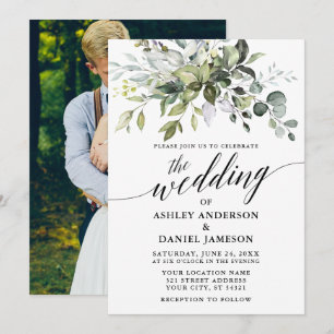 Watercolor Greenery Calligraphy Photo Back Wedding Invitation
