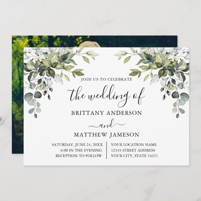 Watercolor Greenery Calligraphy Photo Wedding Invitation (Front/Back)