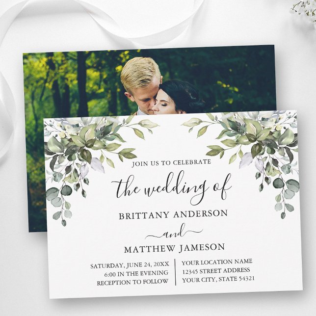 Watercolor Greenery Calligraphy Photo Wedding Invitation (Customize to change text color or text style.)