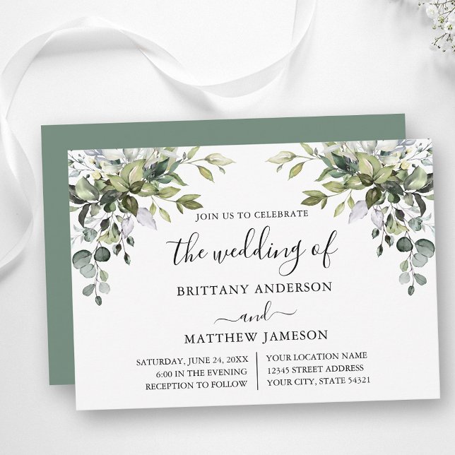 Watercolor Greenery Calligraphy Sage Green Wedding Invitation (Customize to change text color, style, add text & photos to back or change color of back of card.)