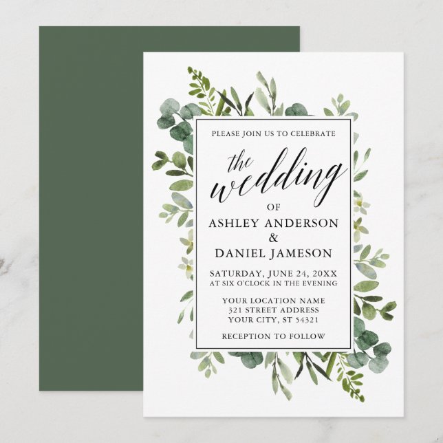 Watercolor Greenery Calligraphy Sage Wedding Invitation (Front/Back)