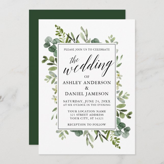 Watercolor Greenery Calligraphy Wedding Invitation (Front/Back)