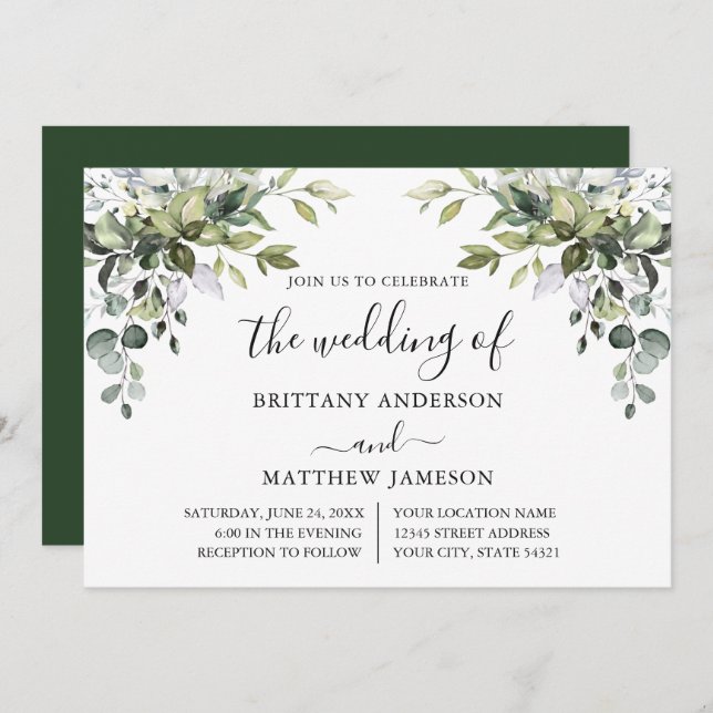 Watercolor Greenery Calligraphy Wedding Invitation (Front/Back)