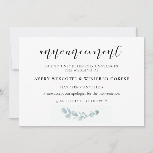Watercolor greenery cancellation announcement (Front)