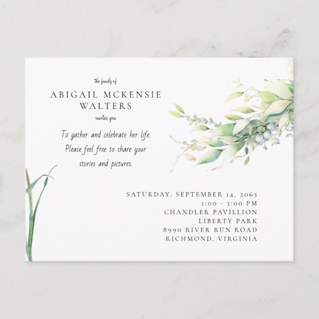 Watercolor Greenery Celebration of Life Postcard (Front)
