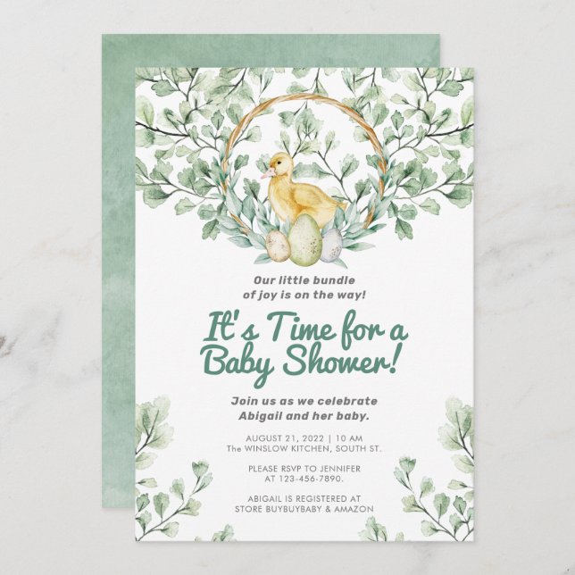 Watercolor Greenery Chick & Nest Baby Shower Invitation (Front/Back)