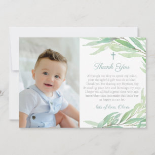 Watercolor Greenery Christening or Birthday Photo Thank You Card