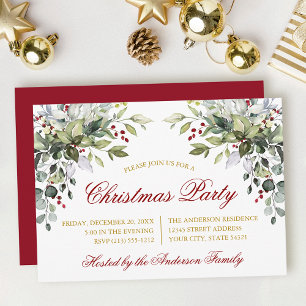Watercolor Greenery Christmas Party Red Gold Invitation
