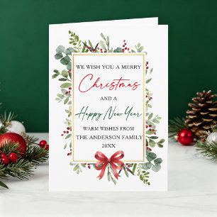 Watercolor Greenery Christmas Red Bow New Year Holiday Card
