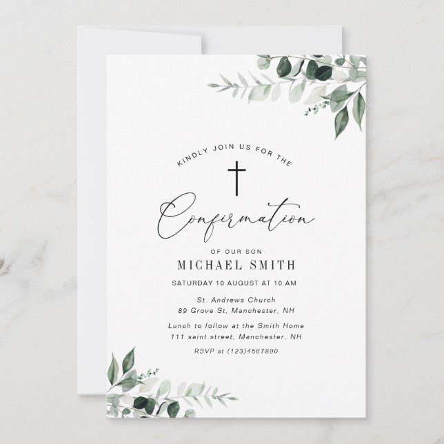 watercolor greenery confirmation invitation (Front)