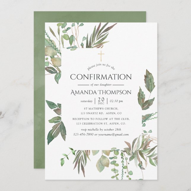 Watercolor Greenery Confirmation Invitation (Front/Back)