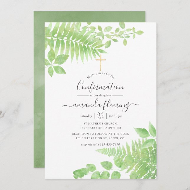 Watercolor Greenery Confirmation Invitation (Front/Back)