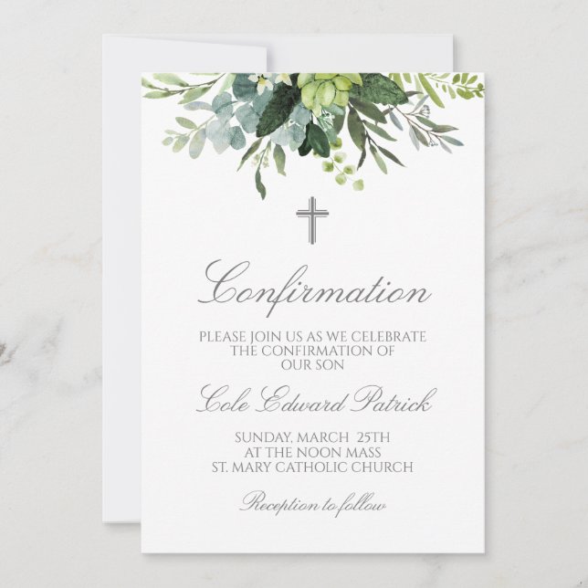 Watercolor Greenery Confirmation  Invitation (Front)
