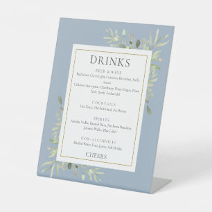Watercolor Greenery Drinks Menu Dusty Blue Pedestal Sign