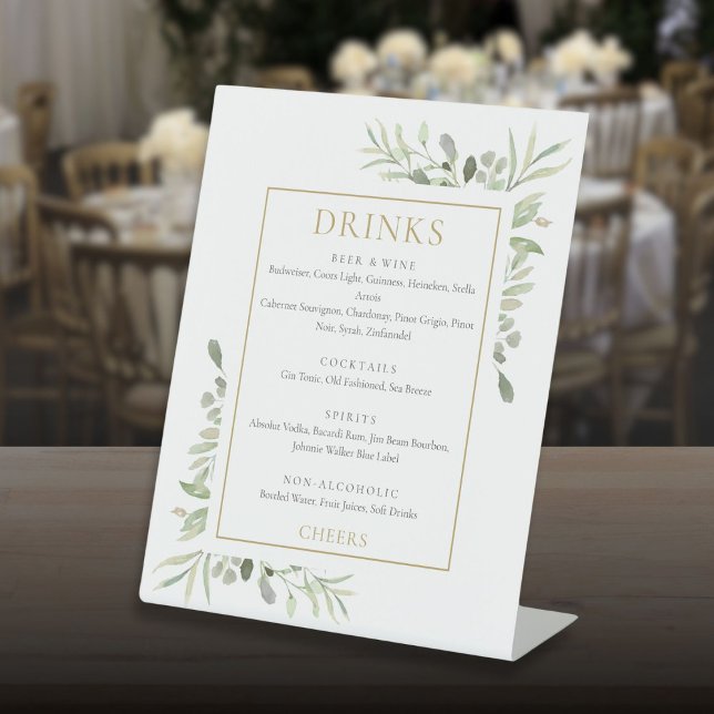 Watercolor Greenery Drinks Menu Pedestal Sign (Watercolor Greenery Drinks Menu Pedestal Sign)