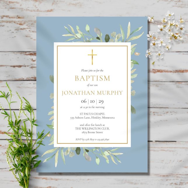 Watercolor Greenery Dusty Blue Boy Baptism  Invitation (Creator Uploaded)