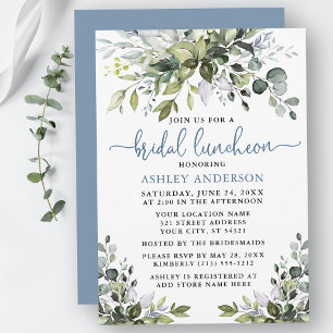 Watercolor Greenery Dusty Blue Bridal Luncheon Invitation