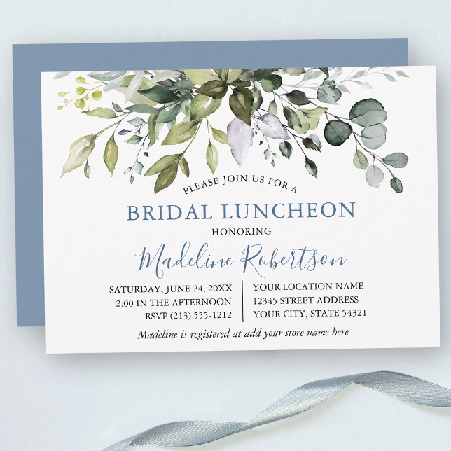Watercolor Greenery Dusty Blue Bridal Luncheon Invitation (Customize to change text color, text style or color of back of card.)
