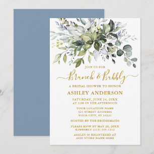 Watercolor Greenery Dusty Blue Bridal Shower Gold Invitation