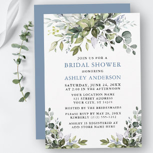 Watercolor Greenery Dusty Blue Bridal Shower Invitation