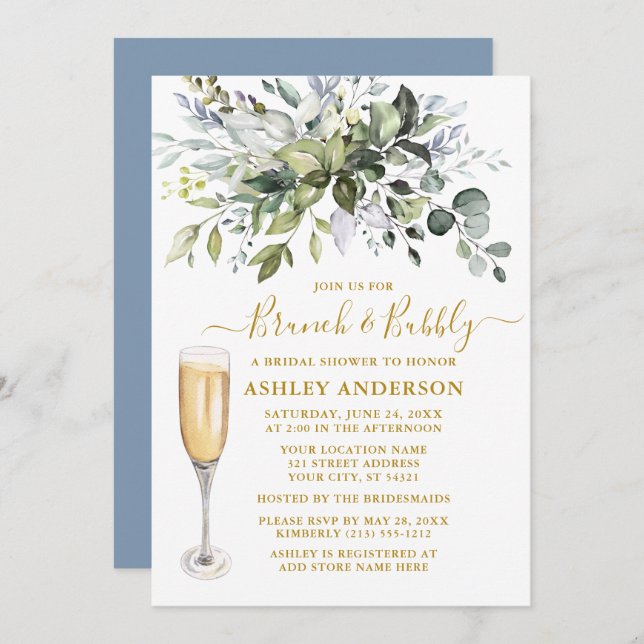Watercolor Greenery Dusty Blue Brunch Bubbly Gold Invitation (Front/Back)