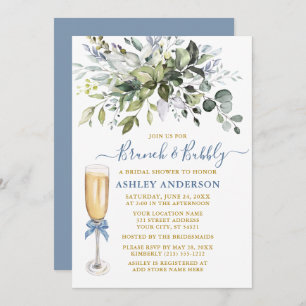 Watercolor Greenery Dusty Blue Brunch Bubbly Invitation