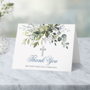 Watercolor Greenery Dusty Blue Communion Note Thank You Card