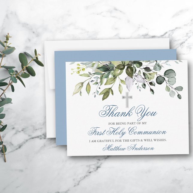 Watercolor Greenery Dusty Blue Communion Thank You Card (Customize to change text color, style, size, add more text to back or change color of back of card.)
