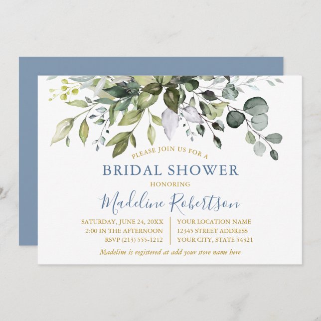 Watercolor Greenery Dusty Blue Gold Bridal Shower Invitation (Front/Back)