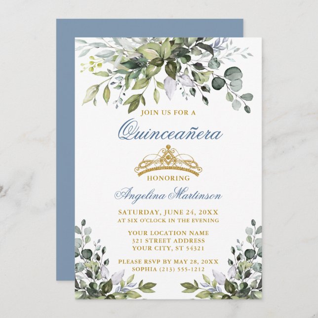 Watercolor Greenery Dusty Blue Gold Quinceañera Invitation (Front/Back)