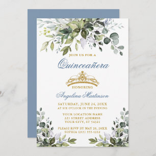 Watercolor Greenery Dusty Blue Gold Quinceañera Invitation