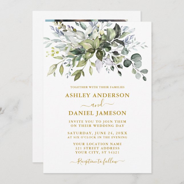Watercolor Greenery Dusty Blue Photo Wedding Gold Invitation (Front/Back)