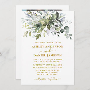 Watercolor Greenery Dusty Blue Photo Wedding Gold Invitation