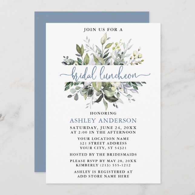 Watercolor Greenery Dusty Blue Script Luncheon Invitation (Front/Back)