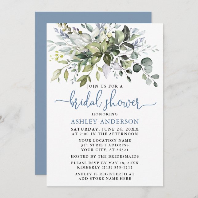 Watercolor Greenery Dusty Blue Script Shower Invitation (Front/Back)
