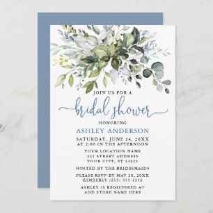 Watercolor Greenery Dusty Blue Script Shower Invitation