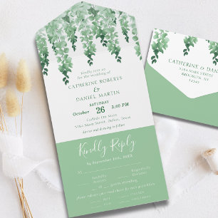Watercolor Greenery Elegant Floral Wedding All In One Invitation