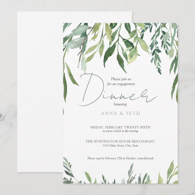 Watercolor Greenery Engagement Dinner Invitation (Front/Back)