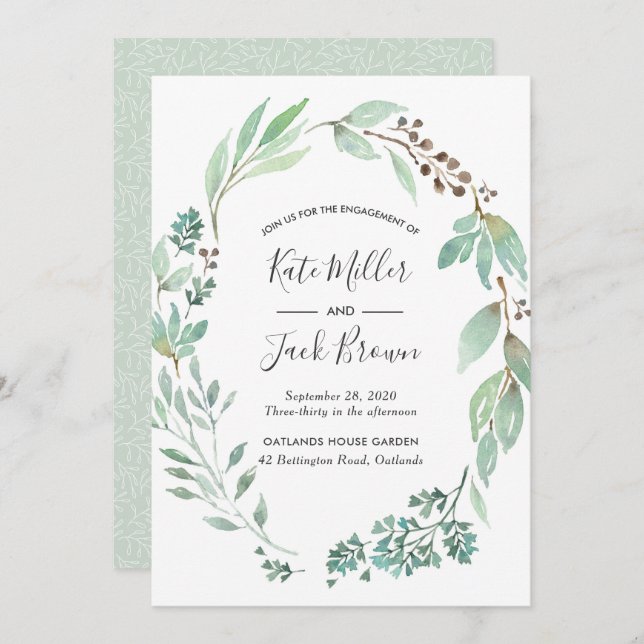 Watercolor Greenery Engagement Party invitation (Front/Back)