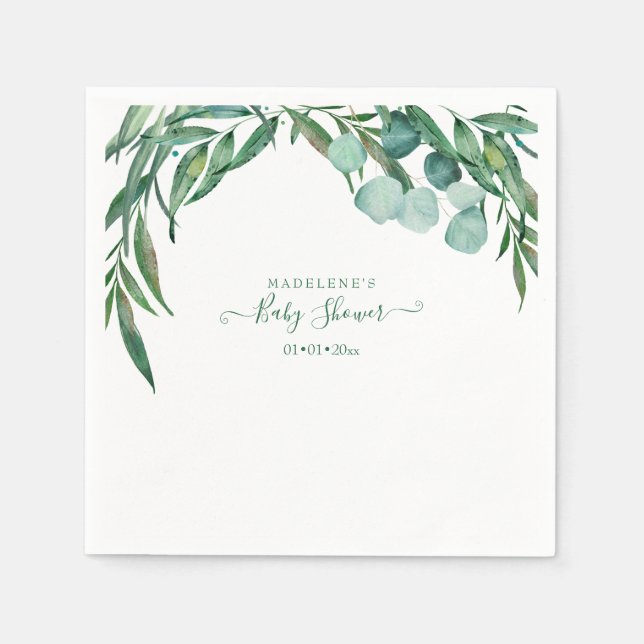Watercolor Greenery, Eucalyptus Baby Shower Napkin (Front)
