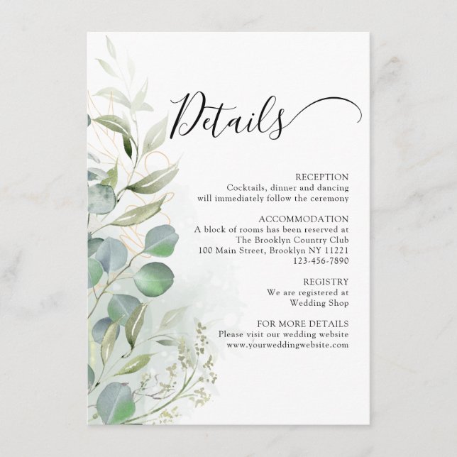 Watercolor Greenery Eucalyptus Gold Wedding Enclosure Card (Front)
