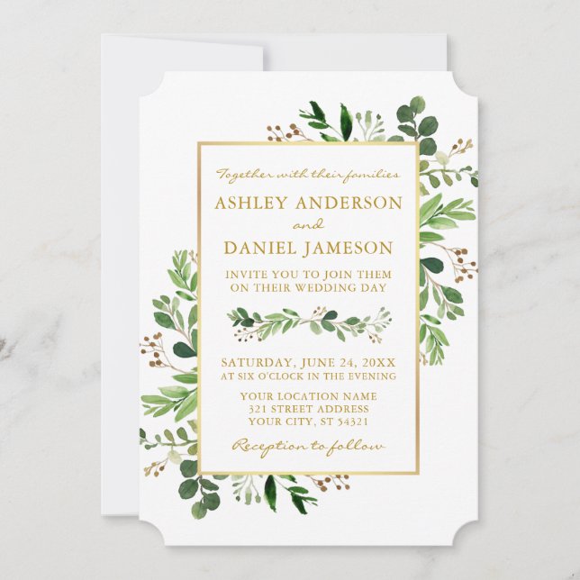 Watercolor Greenery Eucalyptus Gold Wedding Invitation (Front)